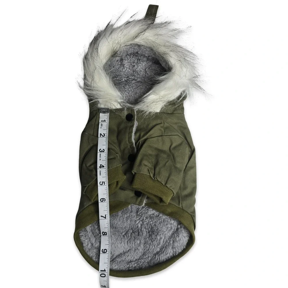 Dog Parka Jacket Medium Olive Green Faux Fur Hood Fleece Lined